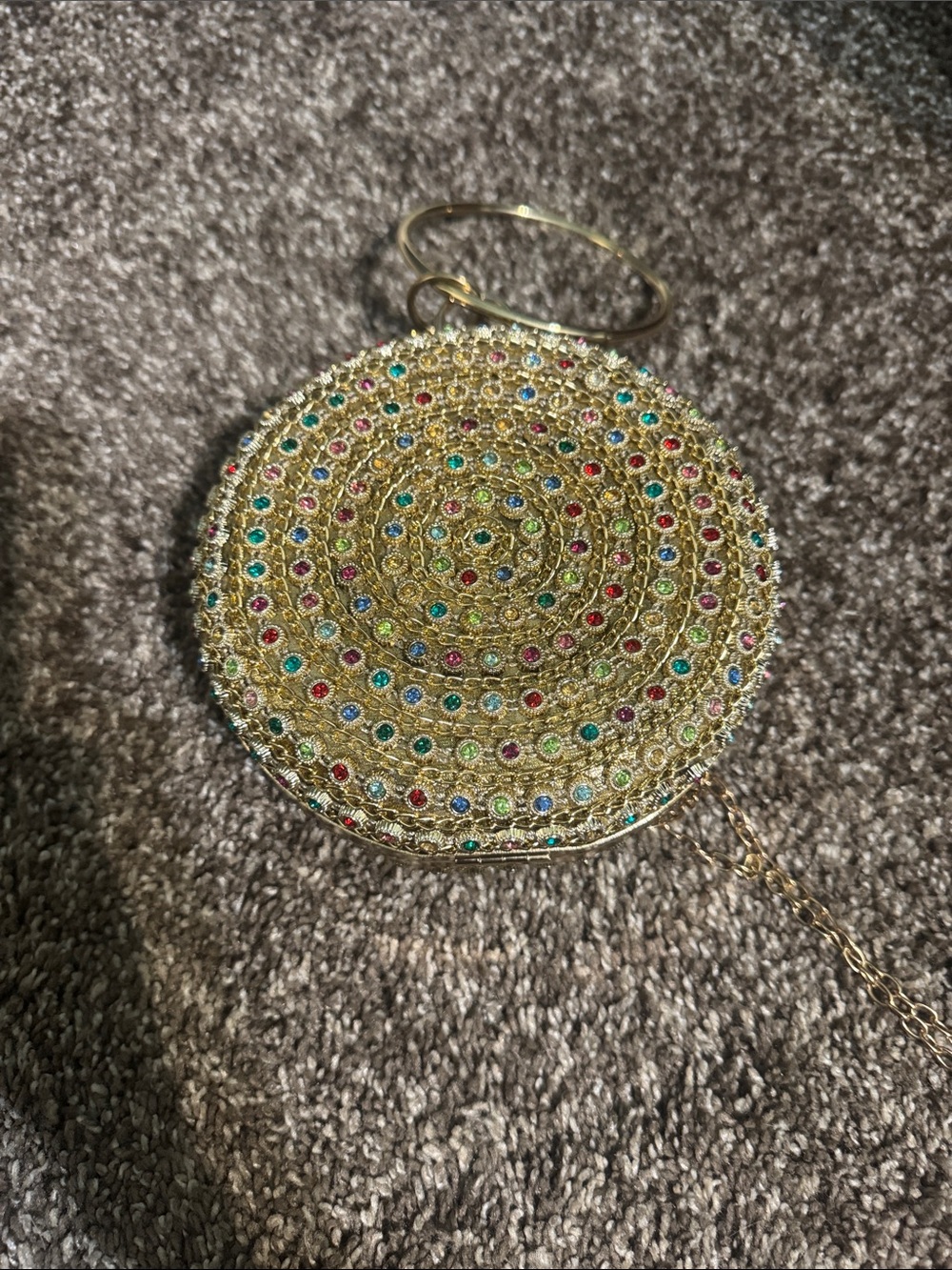 Gold Jeweled Round Wristlet Clutch with Multicolor Rhinestones